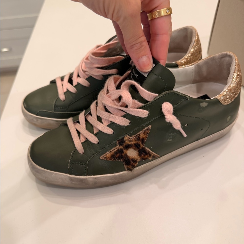 Golden Goose Olive Sneakers with Pink Laces Like New with duster and box - Picture 5 of 6